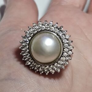 Heng Ngai Sterling Silver Faux Pearl Clear Rhinestone Cocktail Ring Sz 7